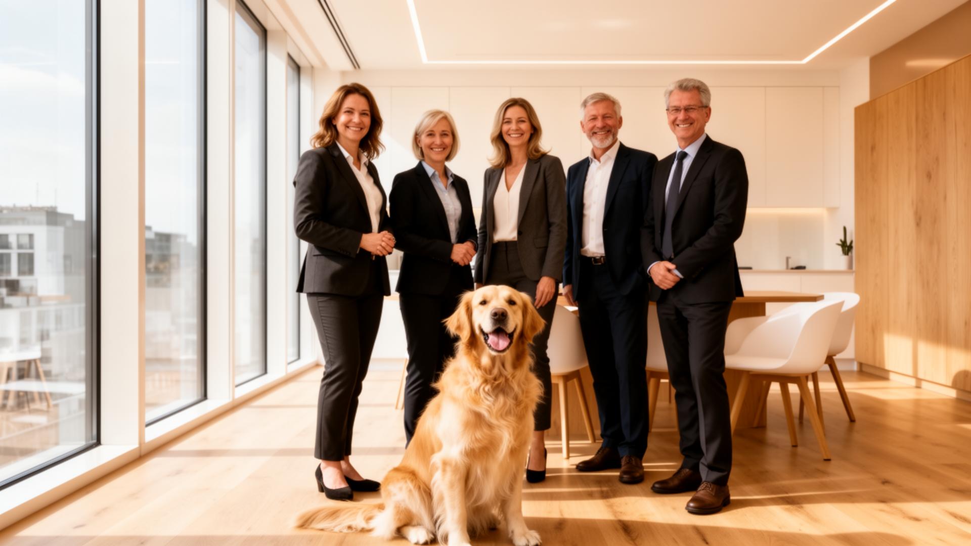 Das Team von UrbanNest Living mit Bürohund Balu im Hamburger Büro
